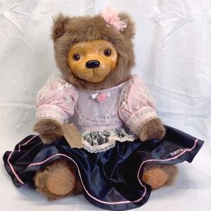 Raikes Bear Vintage 1985 Wooden Face & Feet Pink Lace Top Black Silky Skirt Tags